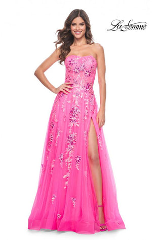 La Femme 32137 prom dress images.  La Femme 32137 is available in these colors: Neon Pink.