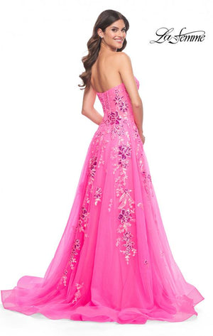 La Femme 32137 prom dress images.  La Femme 32137 is available in these colors: Neon Pink.