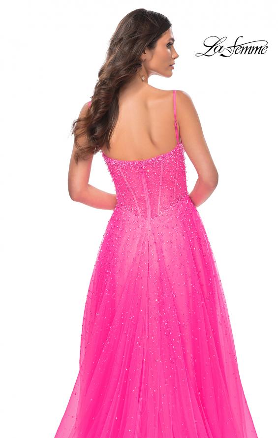 La Femme 32146 prom dress images.  La Femme 32146 is available in these colors: Light Periwinkle, Neon Pink, Royal Blue, Sage.