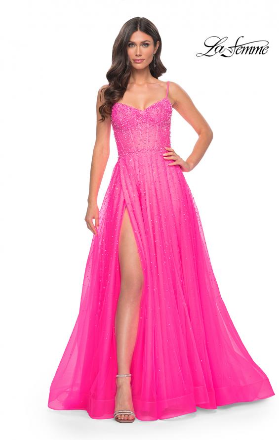 La Femme 32146 prom dress images.  La Femme 32146 is available in these colors: Light Periwinkle, Neon Pink, Royal Blue, Sage.