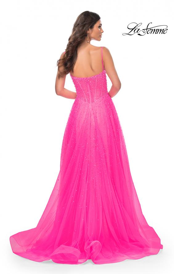 La Femme 32146 prom dress images.  La Femme 32146 is available in these colors: Light Periwinkle, Neon Pink, Royal Blue, Sage.