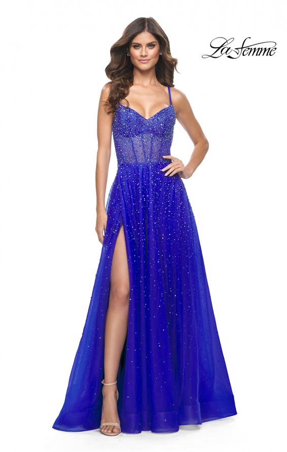 La Femme 32146 prom dress images.  La Femme 32146 is available in these colors: Light Periwinkle, Neon Pink, Royal Blue, Sage.