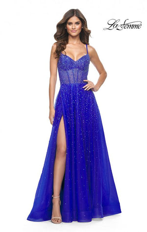La Femme 32146 prom dress images.  La Femme 32146 is available in these colors: Light Periwinkle, Neon Pink, Royal Blue, Sage.