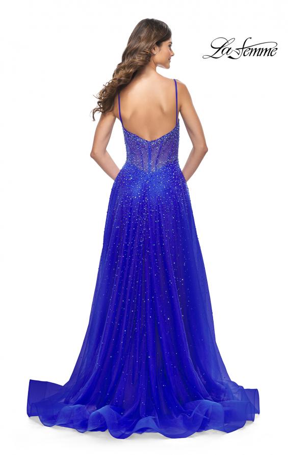 La Femme 32146 prom dress images.  La Femme 32146 is available in these colors: Light Periwinkle, Neon Pink, Royal Blue, Sage.