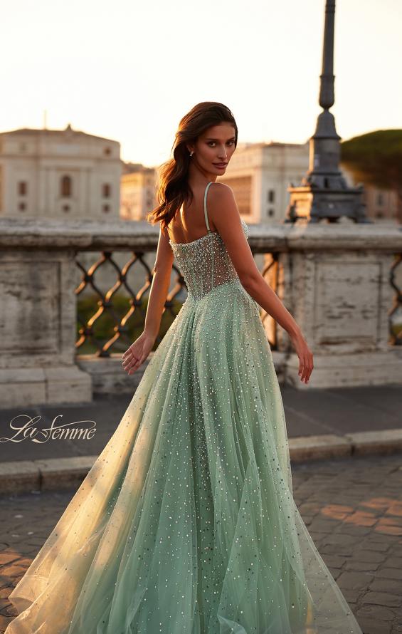 La Femme 32146 prom dress images.  La Femme 32146 is available in these colors: Light Periwinkle, Neon Pink, Royal Blue, Sage.