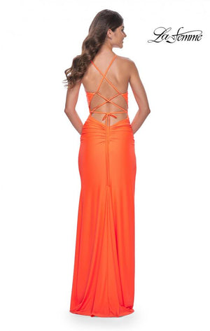 La Femme 32152 prom dress images.  La Femme 32152 is available in these colors: Bright Green, Bright Orange, Hot Fuchsia, Jade.
