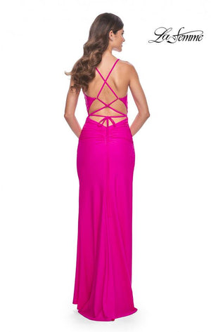 La Femme 32152 prom dress images.  La Femme 32152 is available in these colors: Bright Green, Bright Orange, Hot Fuchsia, Jade.