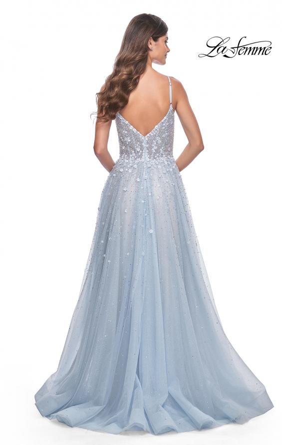 La Femme 32215 prom dress images.  La Femme 32215 is available in these colors: Light Blue, Pale Yellow.