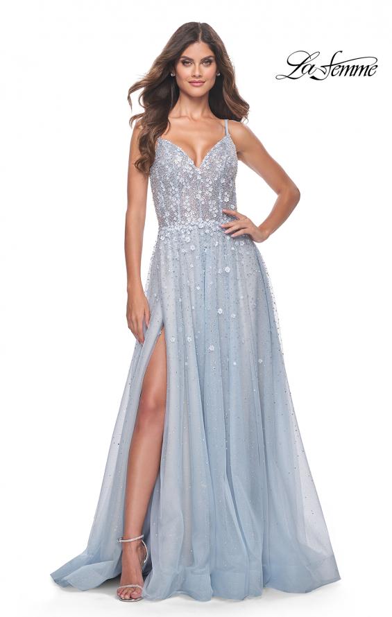 La Femme 32215 prom dress images.  La Femme 32215 is available in these colors: Light Blue, Pale Yellow.