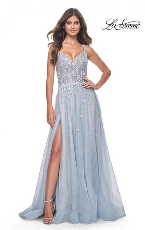 La Femme 32215 prom dress images.  La Femme 32215 is available in these colors: Light Blue, Pale Yellow.