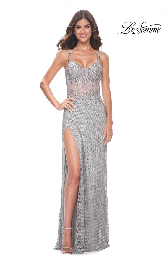 La Femme 32232 prom dress images.  La Femme 32232 is available in these colors: Dark Emerald, Marine Blue, Silver.