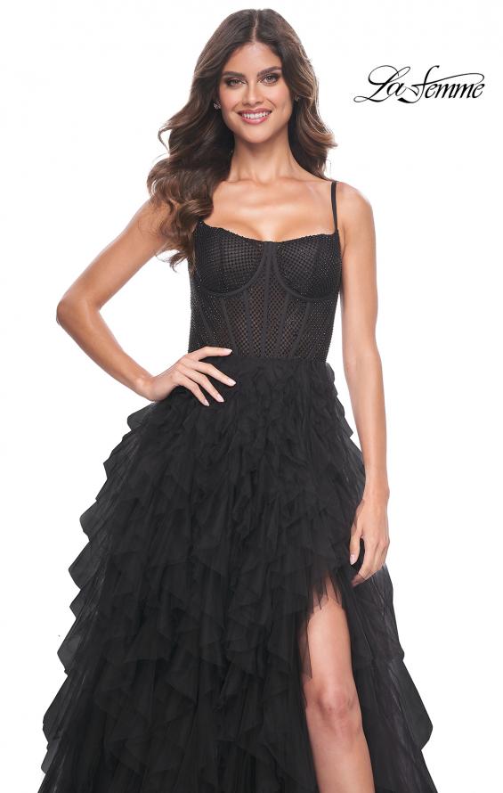 La Femme 32233 prom dress images.  La Femme 32233 is available in these colors: Black, Dark Emerald, Navy, Red.