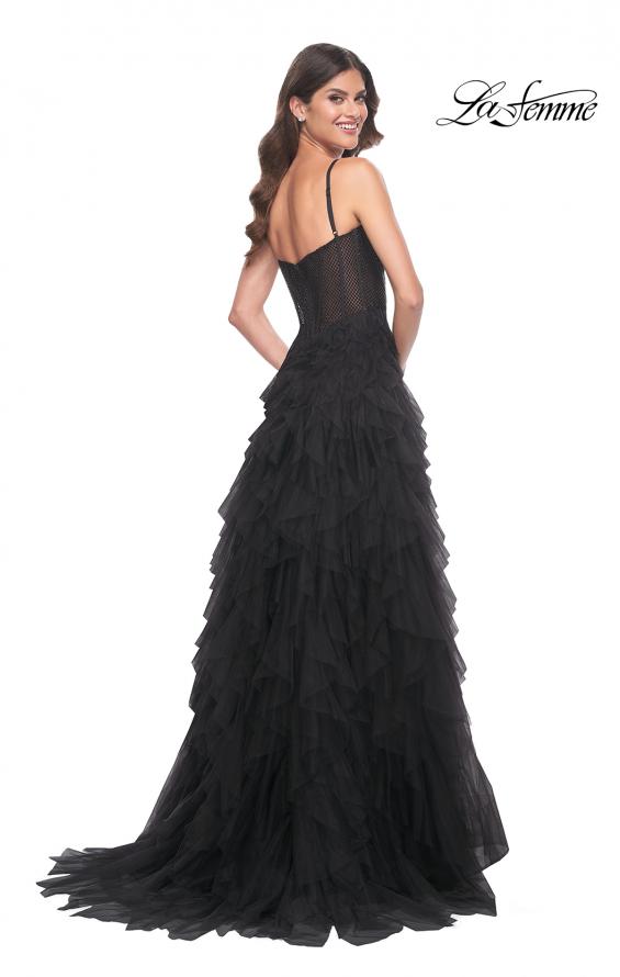 La Femme 32233 prom dress images.  La Femme 32233 is available in these colors: Black, Dark Emerald, Navy, Red.