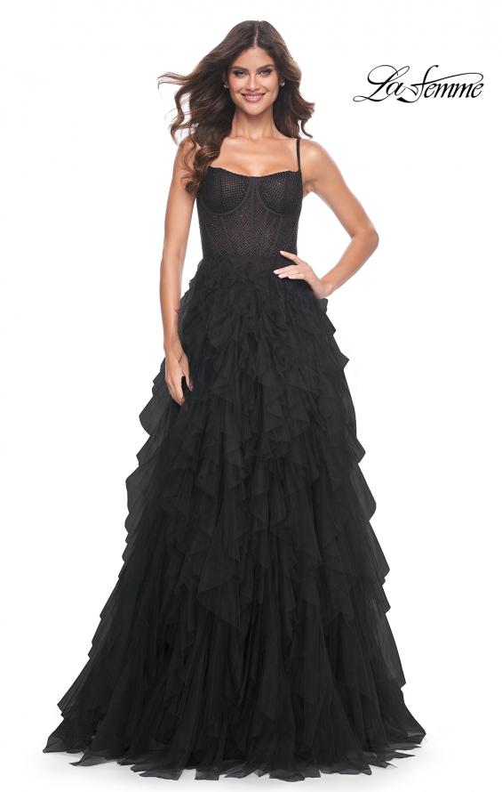 La Femme 32233 prom dress images.  La Femme 32233 is available in these colors: Black, Dark Emerald, Navy, Red.