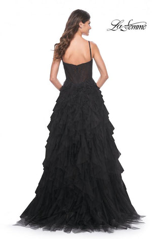La Femme 32233 prom dress images.  La Femme 32233 is available in these colors: Black, Dark Emerald, Navy, Red.