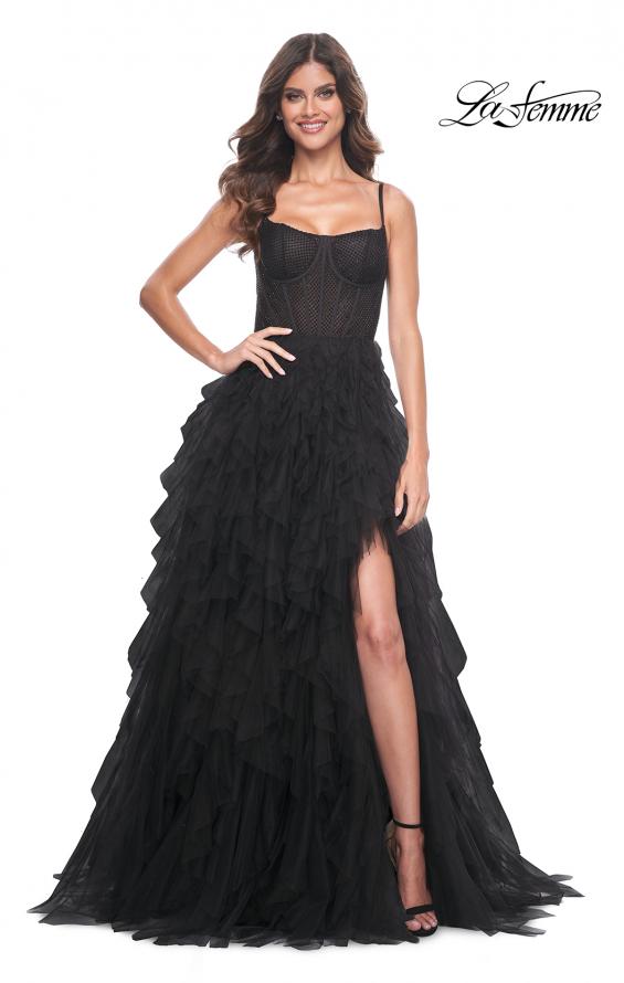 La Femme 32233 prom dress images.  La Femme 32233 is available in these colors: Black, Dark Emerald, Navy, Red.