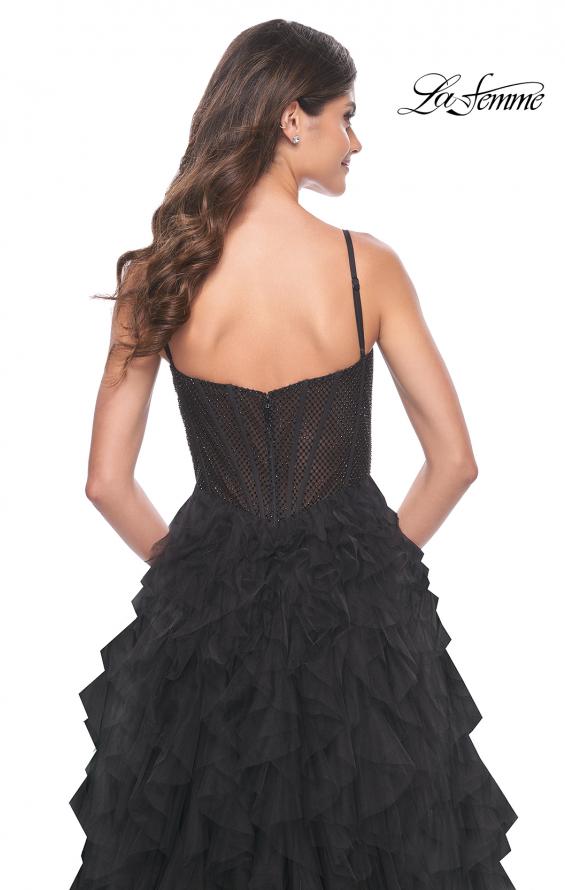 La Femme 32233 prom dress images.  La Femme 32233 is available in these colors: Black, Dark Emerald, Navy, Red.