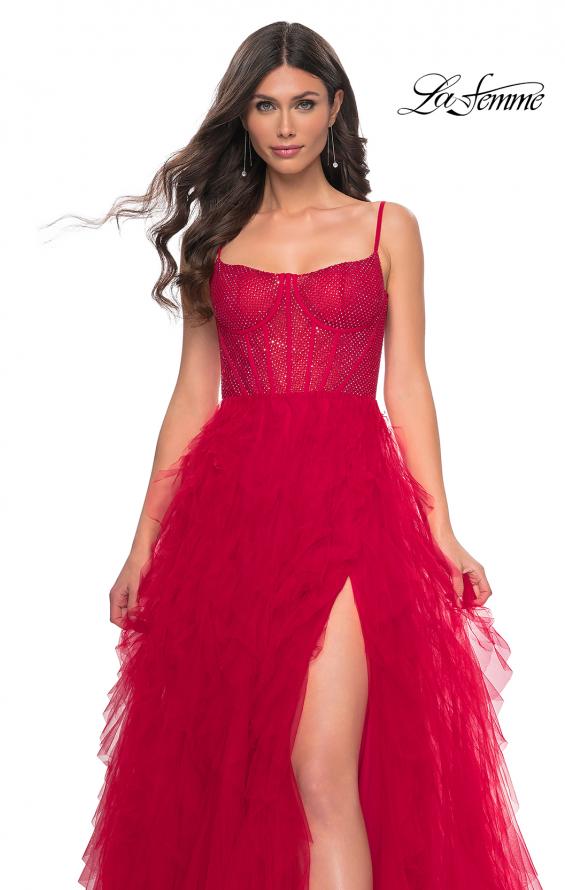 La Femme 32233 prom dress images.  La Femme 32233 is available in these colors: Black, Dark Emerald, Navy, Red.