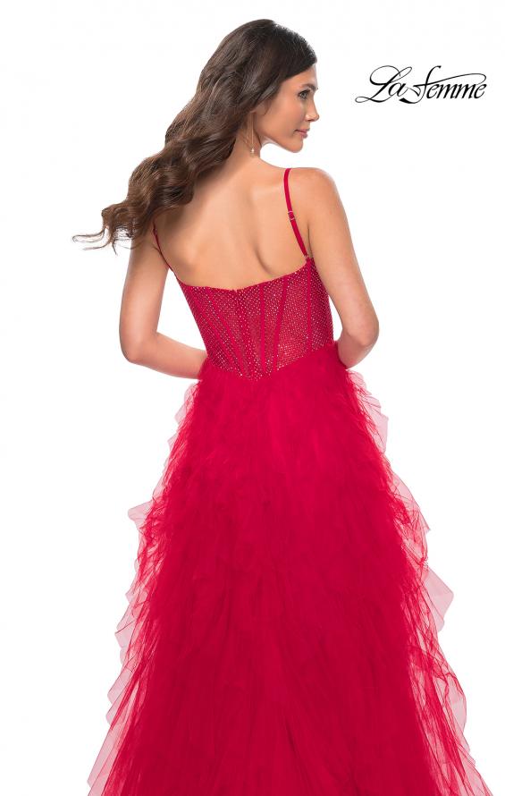 La Femme 32233 prom dress images.  La Femme 32233 is available in these colors: Black, Dark Emerald, Navy, Red.