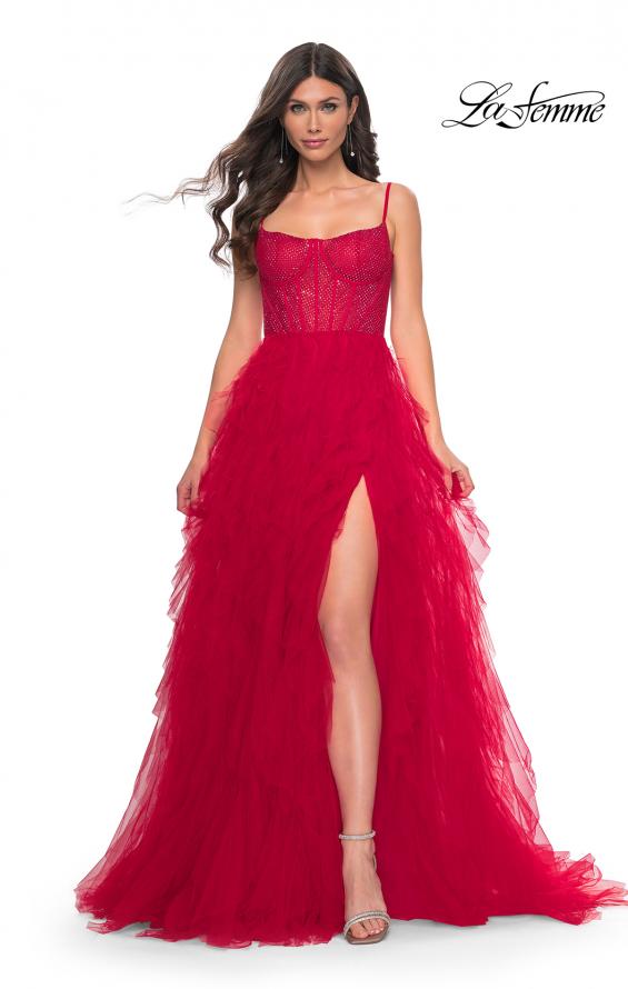 La Femme 32233 prom dress images.  La Femme 32233 is available in these colors: Black, Dark Emerald, Navy, Red.