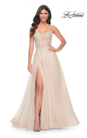 La Femme 32271 prom dress images.  La Femme 32271 is available in these colors: Champagne.