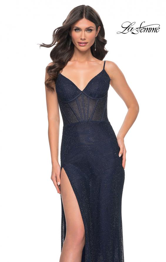 La Femme 32285 prom dress images.  La Femme 32285 is available in these colors: Gunmetal, Navy, White.