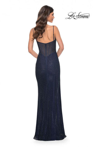 La Femme 32285 prom dress images.  La Femme 32285 is available in these colors: Gunmetal, Navy, White.