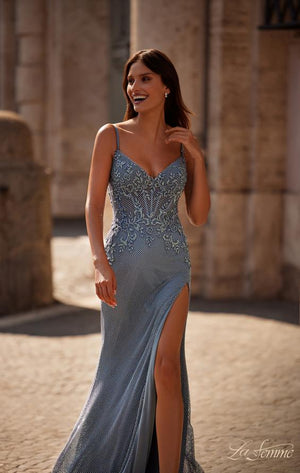 La Femme 32292 prom dress images.  La Femme 32292 is available in these colors: Champagne, Sage, Slate.