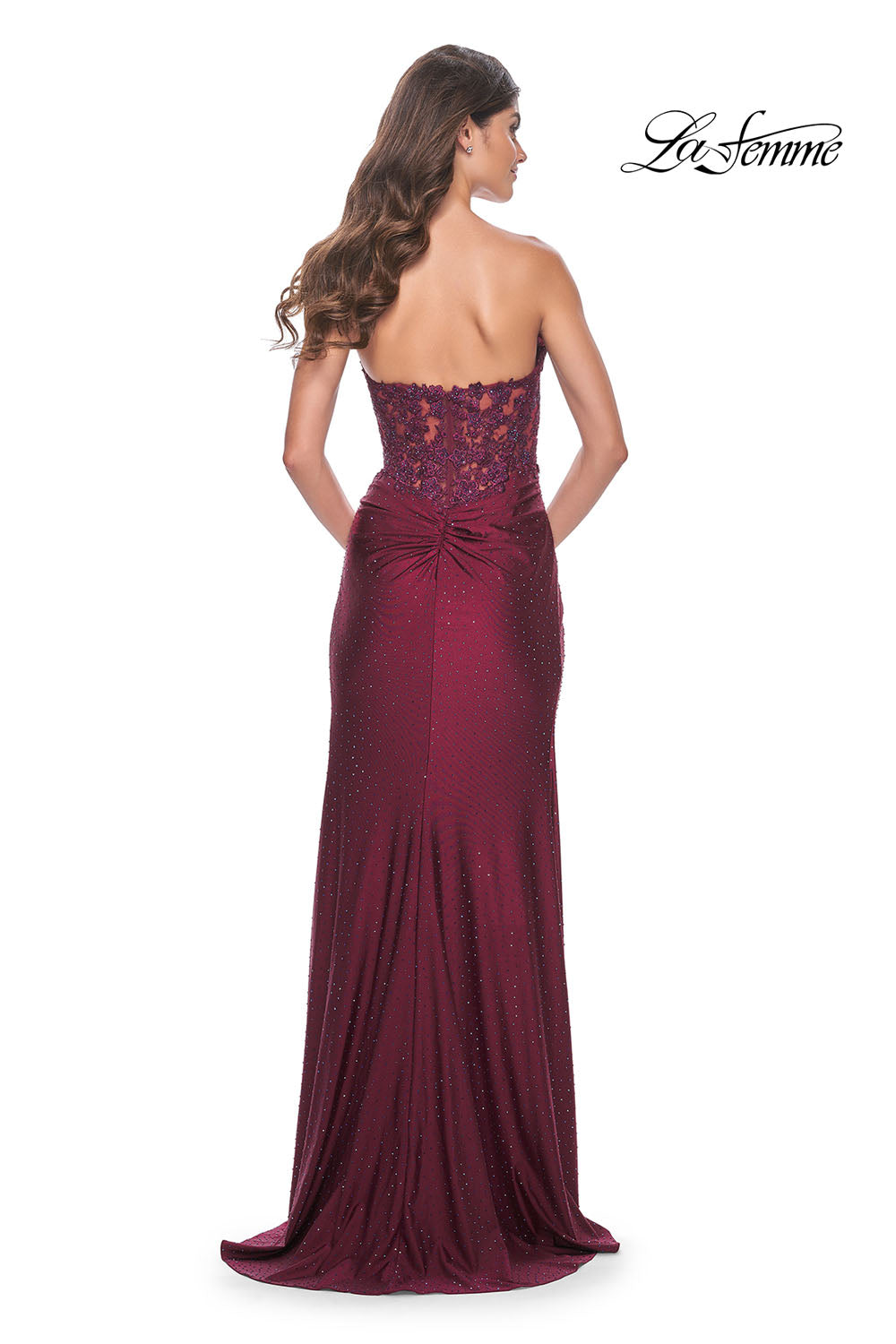 La Femme 32301 prom dress images. La Femme 32301 is available in these colors: Dark Berry, Light Gold, Silver.