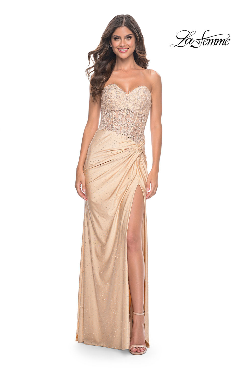 La Femme 32301 prom dress images. La Femme 32301 is available in these colors: Dark Berry, Light Gold, Silver.