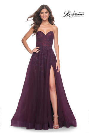 La Femme 32304 prom dress images. La Femme 32304 is available in these colors: Dark Berry, Indigo.