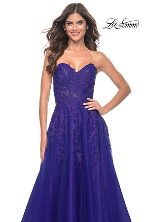 La Femme 32304 prom dress images. La Femme 32304 is available in these colors: Dark Berry, Indigo.
