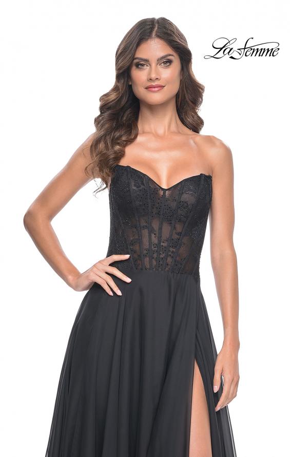 La Femme 32311 prom dress images.  La Femme 32311 is available in these colors: Black, Dark Emerald, Royal Blue.