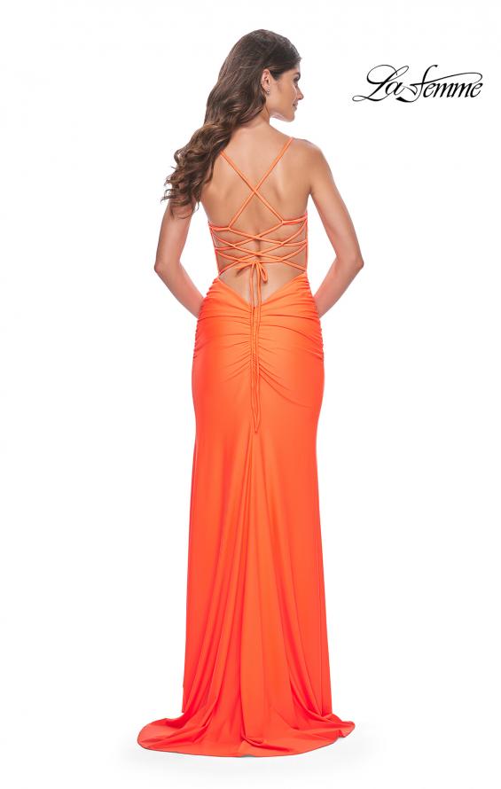 La Femme 32321 prom dress images.  La Femme 32321 is available in these colors: Bright Green, Bright Orange, Hot Fuchsia.