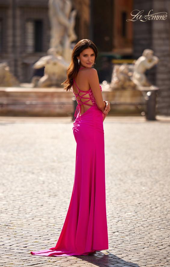 La Femme 32321 prom dress images.  La Femme 32321 is available in these colors: Bright Green, Bright Orange, Hot Fuchsia.