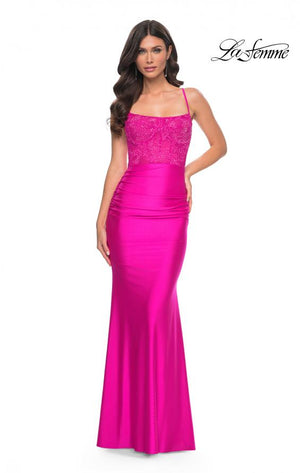 La Femme 32322 prom dress images.  La Femme 32322 is available in these colors: Bright Green, Hot Fuchsia, Light Periwinkle.