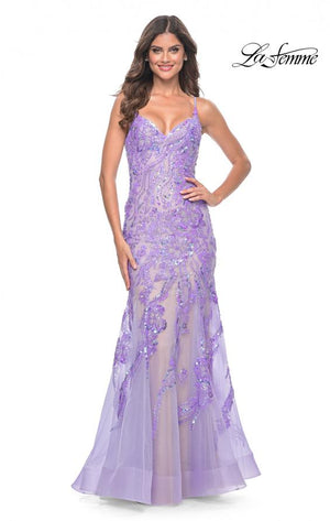 La Femme 32333 prom dress images.  La Femme 32333 is available in these colors: Champagne, Coral, Lavender.