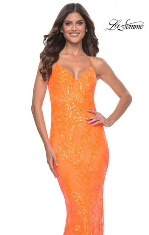 La Femme 32343 prom dress images.  La Femme 32343 is available in these colors: Bright Green, Orange.