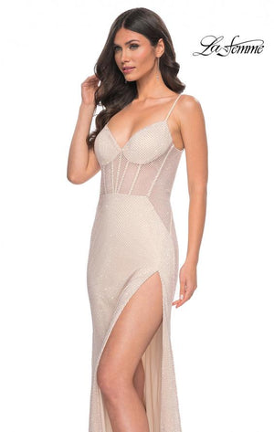 La Femme 32408 prom dress images.  La Femme 32408 is available in these colors: Champagne, Sage.