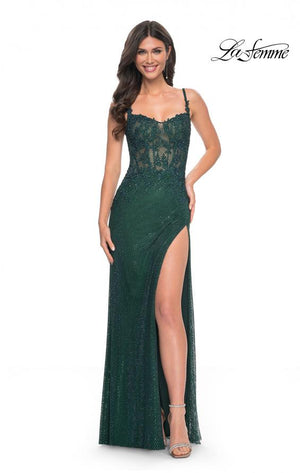 La Femme 32409 prom dress images.  La Femme 32409 is available in these colors: Dark Emerald, Royal Blue.