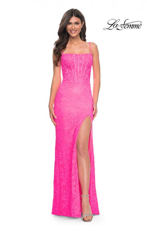 La Femme 32423 prom dress images.  La Femme 32423 is available in these colors: Neon Pink.