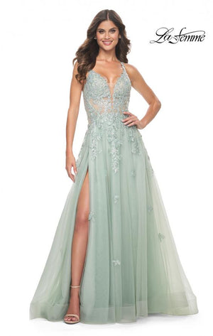 La Femme 32438 prom dress images.  La Femme 32438 is available in these colors: Light Blue, Sage.
