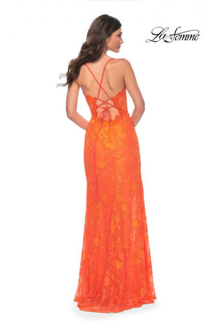 La Femme 32441 prom dress images.  La Femme 32441 is available in these colors: Bright Green, Bright Orange, Hot Fuchsia.