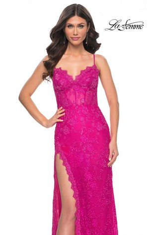 La Femme 32441 prom dress images.  La Femme 32441 is available in these colors: Bright Green, Bright Orange, Hot Fuchsia.