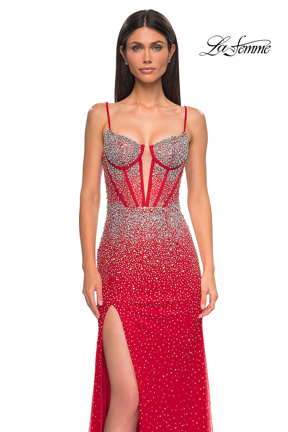 La Femme 32717 prom dress images.  La Femme 32717 is available in these colors: Black, Light Blue, Pale Yellow, Red.
