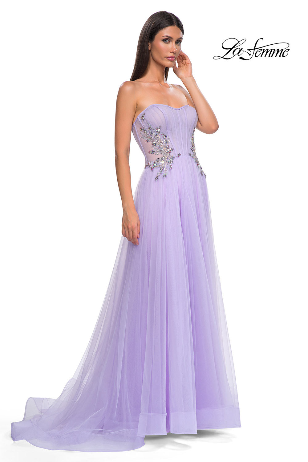 La Femme 32767 prom dress images.  La Femme 32767 is available in these colors: Blush, Cloud Blue, Lavender.