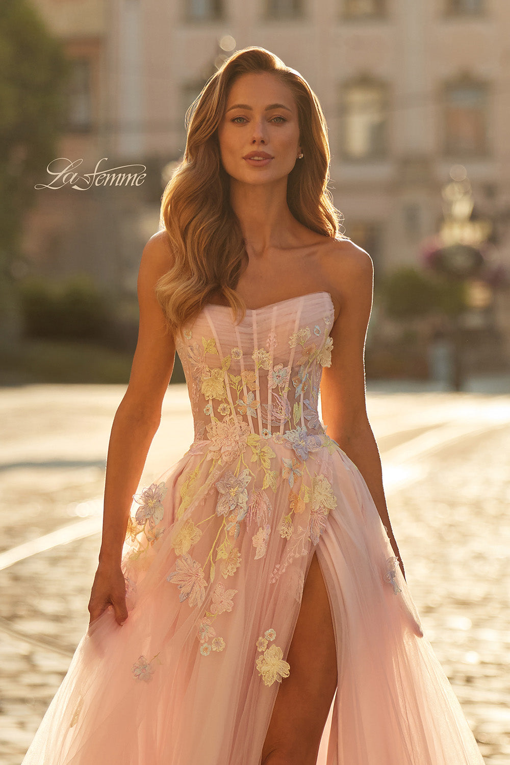 La Femme 33432 Light pink A-line prom dress with lace detailing and a thigh-high slit, front view.