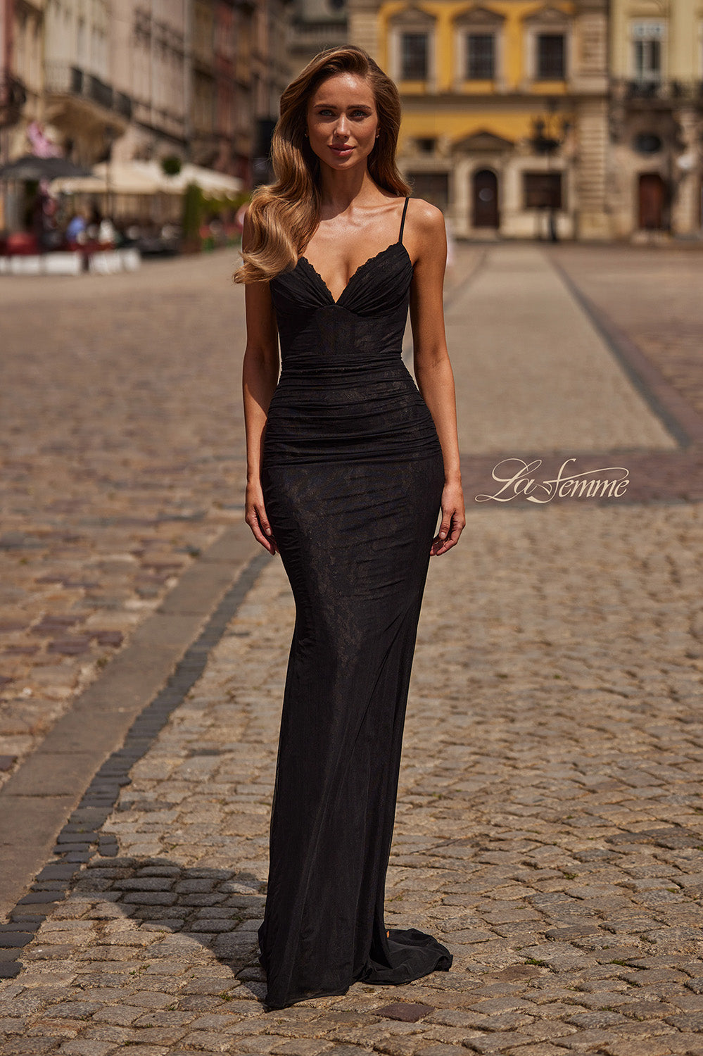 La Femme 33443 Black fitted prom dress with lace detailing and a plunging neckline.