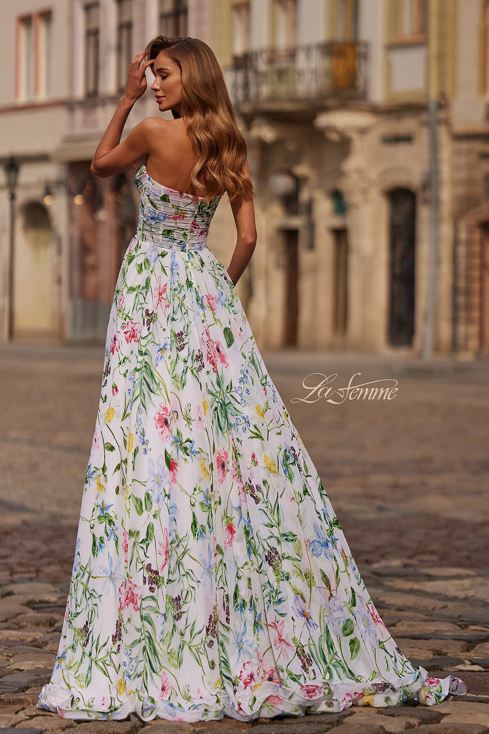 La Femme 33450 Multi-colored prom dress in floral print chiffon with a fitted bodice and flowing skirt.