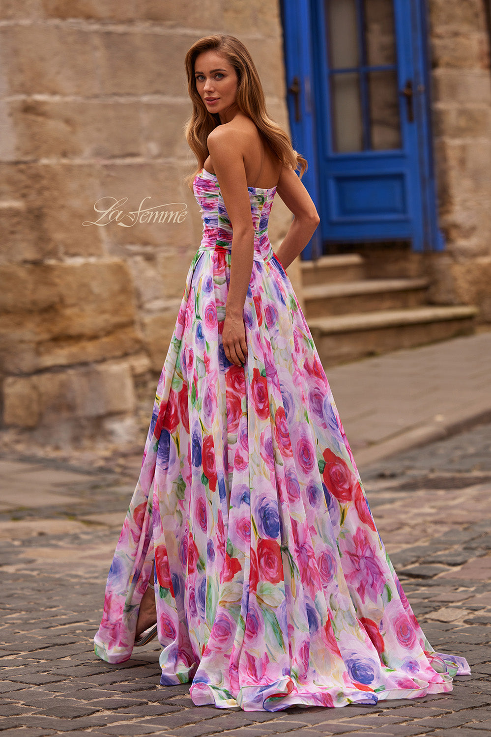 La Femme 33487 Multi-colored prom dress in floral print chiffon with a flowing A-line silhouette.
